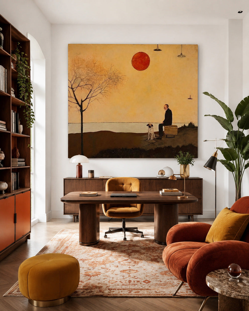 Retro Minimalist Oil Painting Of Man And Dog At Sunset For Living Room Decor