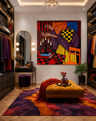 Bold Pop Art Portrait Painting With Red And Yellow Checks For Modern Living Room Decor