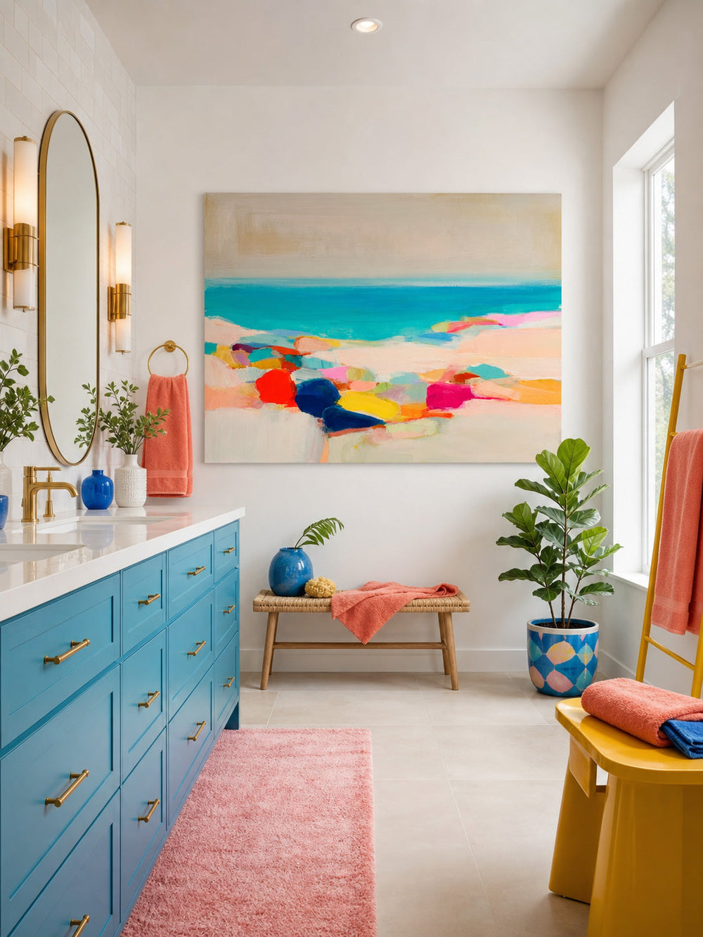 Hand Painted Ocean Art With Colorful Stones And Calm Blue Water For Home