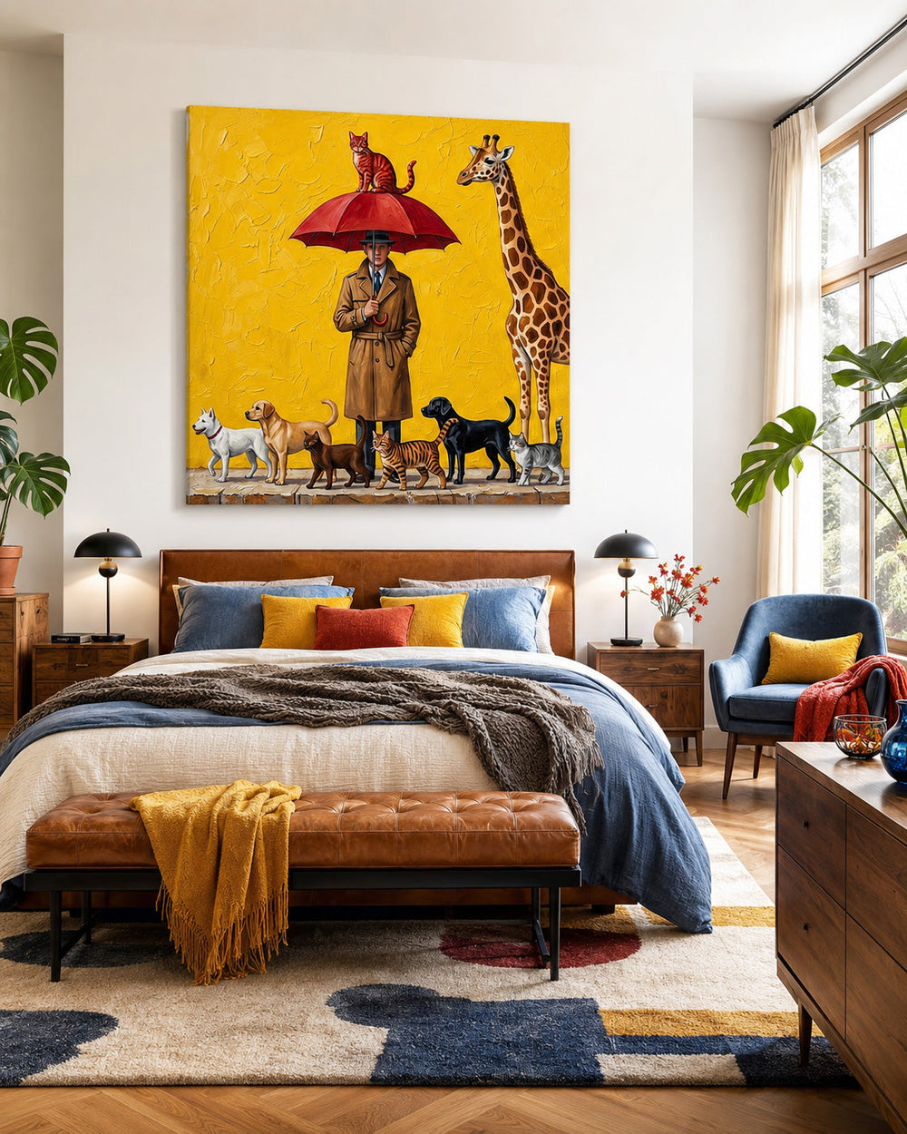 Surreal Man With Animals Painting Yellow Background Square Canvas Art For Living Room Decor
