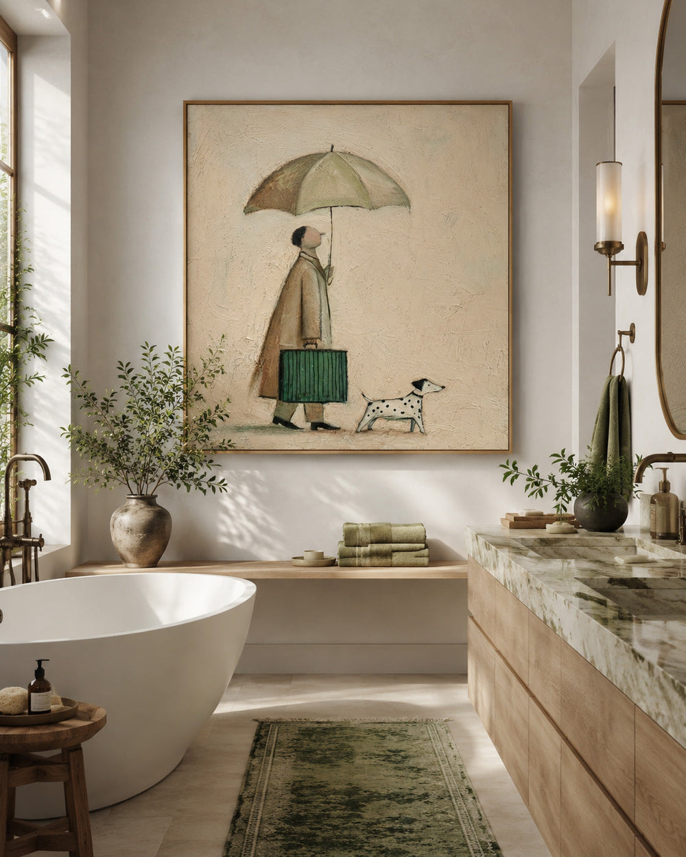 Man And Dog With Umbrella Painting For Cozy Home Decor
