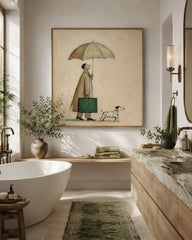 Man And Dog With Umbrella Painting For Cozy Home Decor