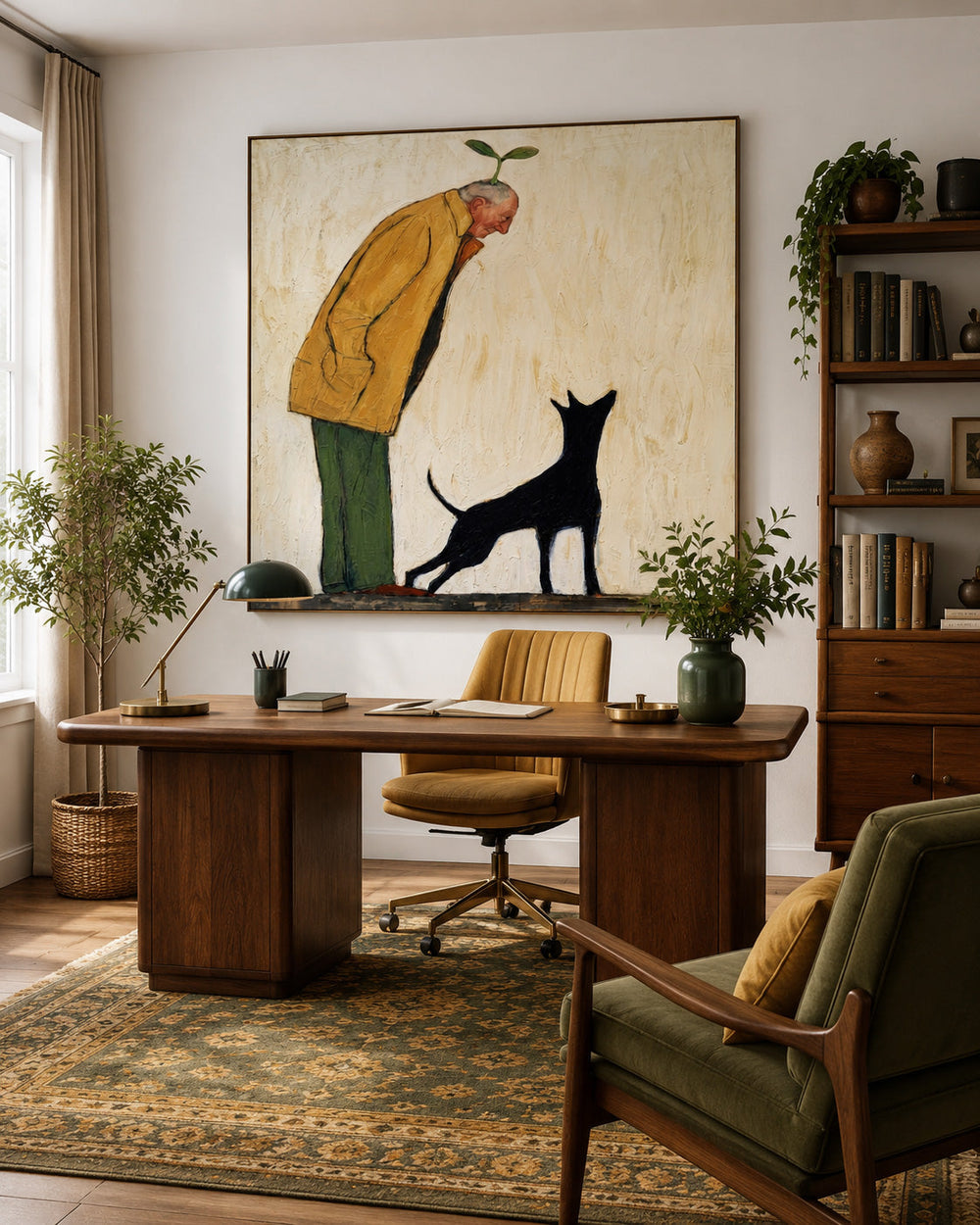 Unique Surreal Portrait Of Man With Plant And Black Dog