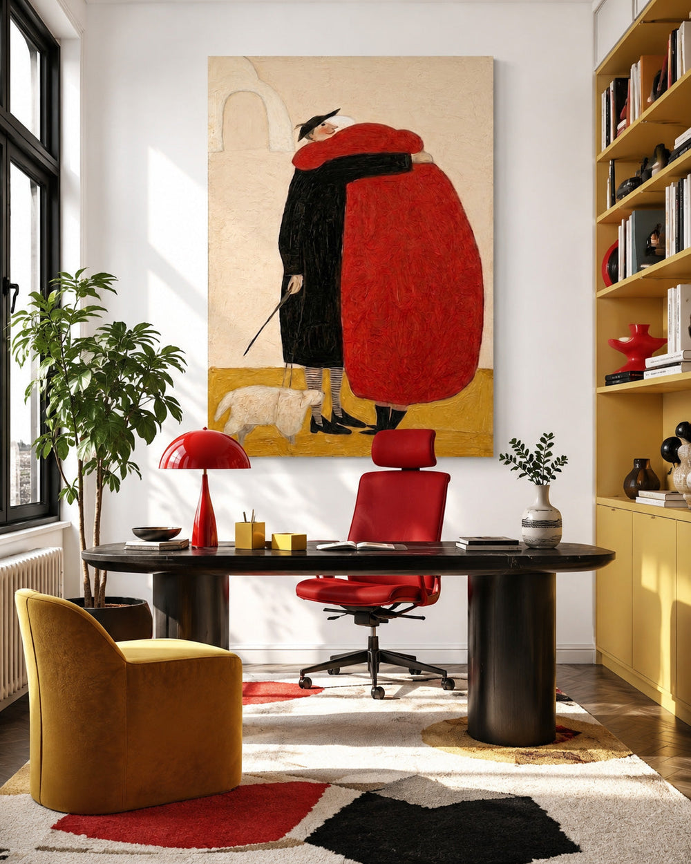 Whimsical Couple Embrace Red Black Abstract Square Canvas Art For Living Room