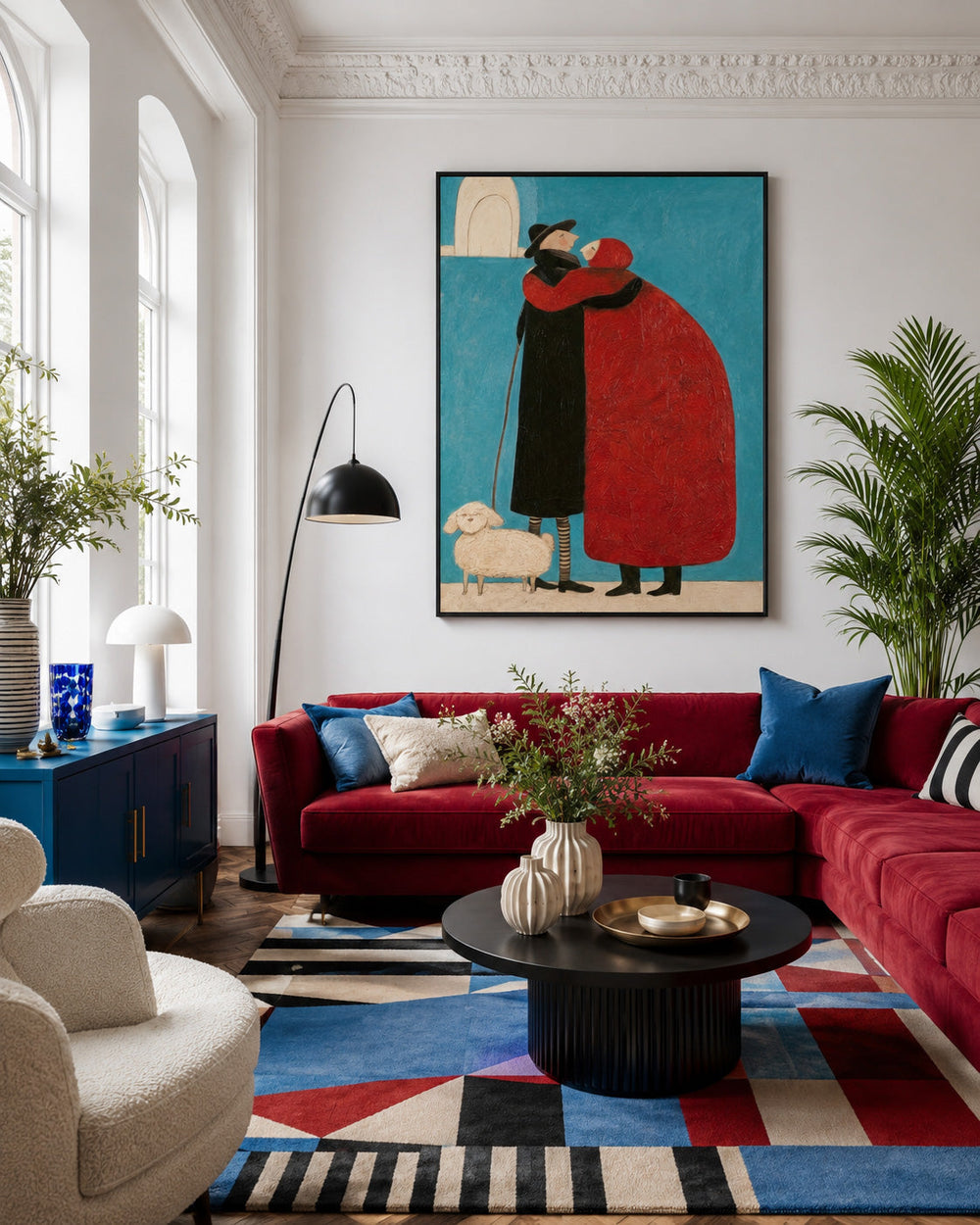 Minimalist People Art Square Canvas Print With Bold Red And Blue Colors For Home Decoration