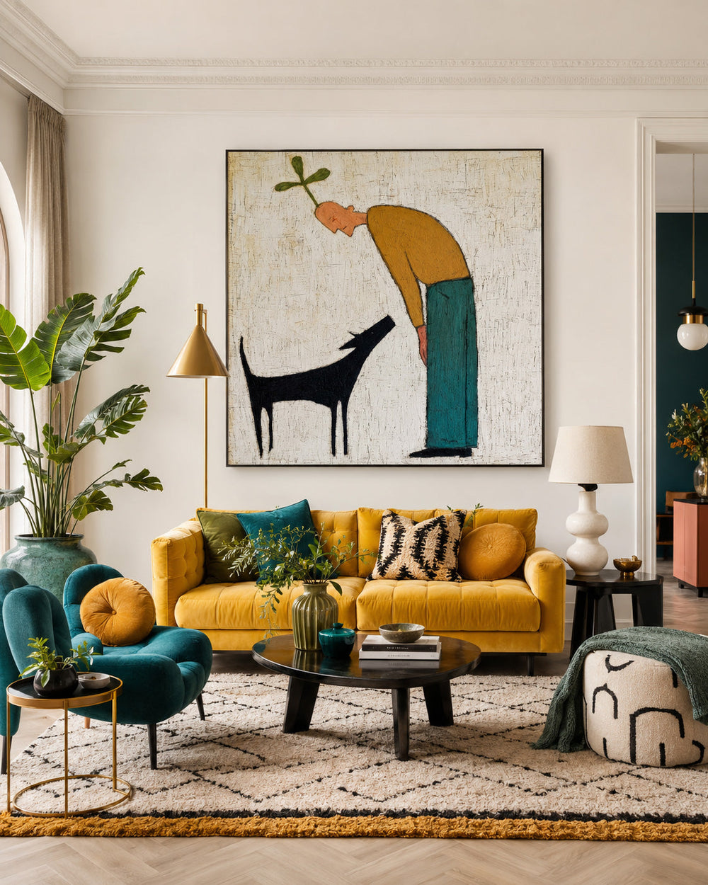 Whimsical Man And Dog Painting Minimalist Square Canvas Art For Modern Living Room Decor