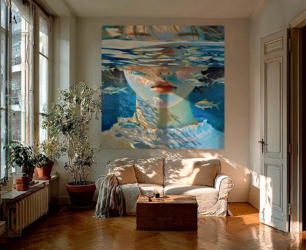 Surreal Underwater Girl Portrait With Fish Blue And White Square Canvas Oil Painting For Modern Home Decor