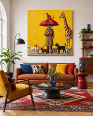 Surreal Man With Animals Painting Yellow Background Square Canvas Art For Living Room Decor