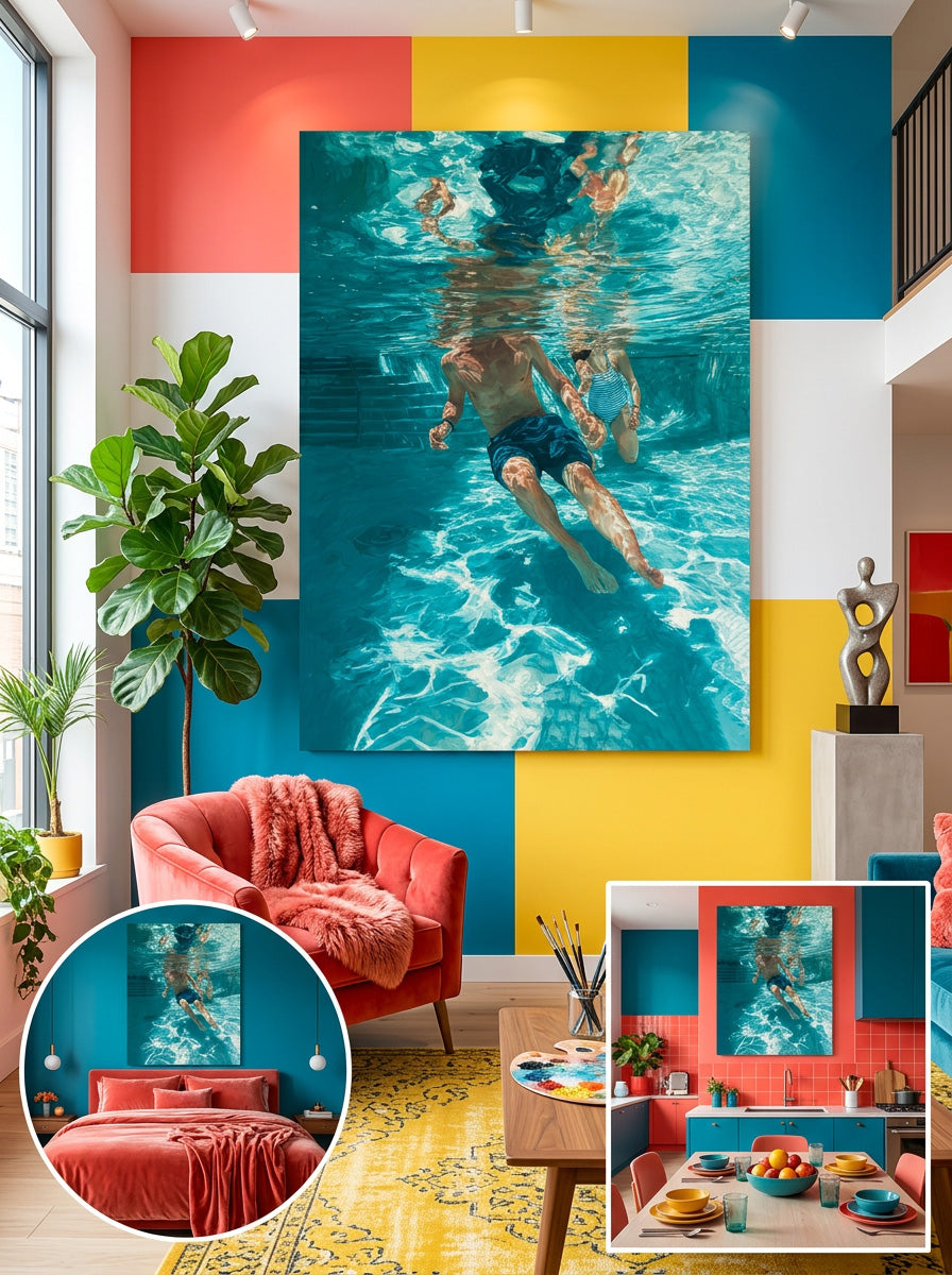 Summer Sports Swimming Scene Original Painting For Beach House Interior