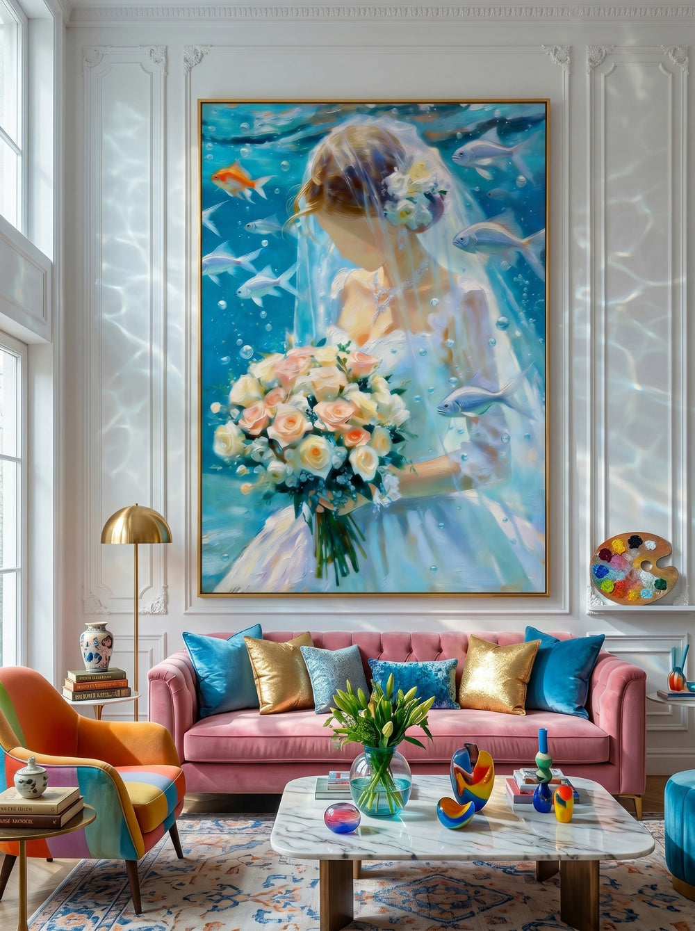 Unique Square Canvas Art Of Bride Underwater With Bouquet For Living Room Wall