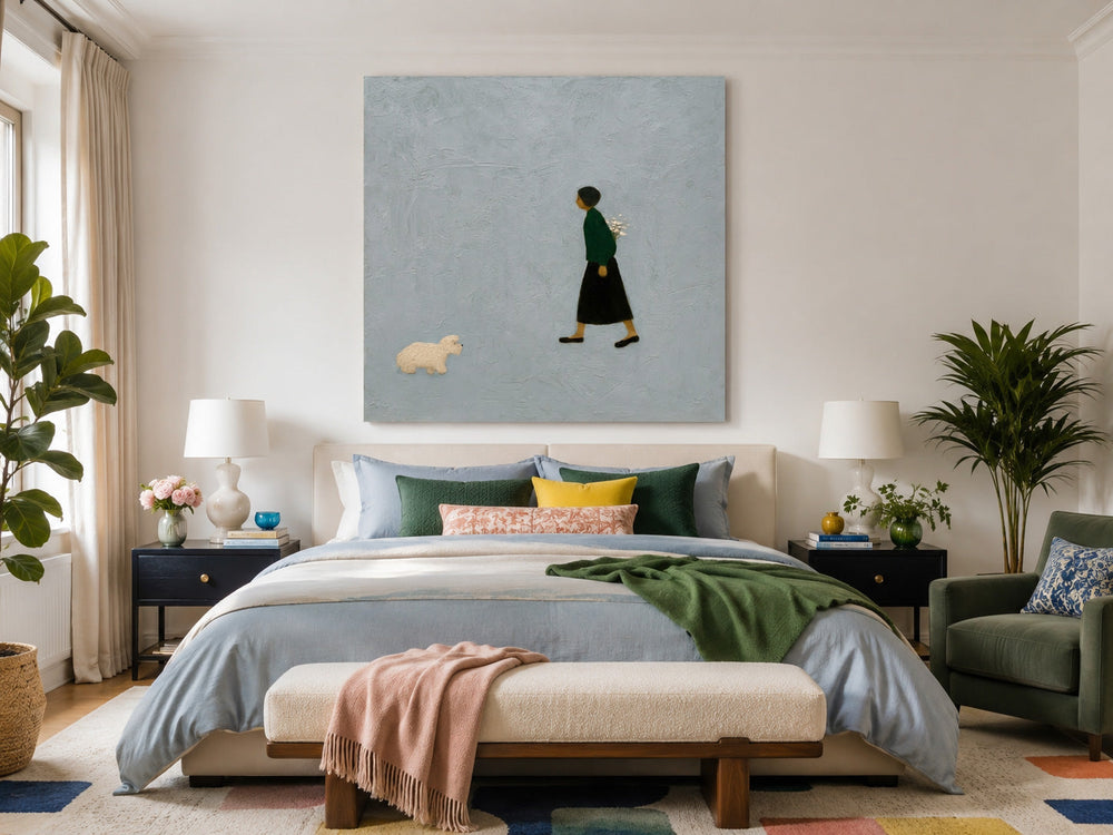 Minimalist Girl And Dog Painting Textured Grey Wall Art For Modern Home Decor