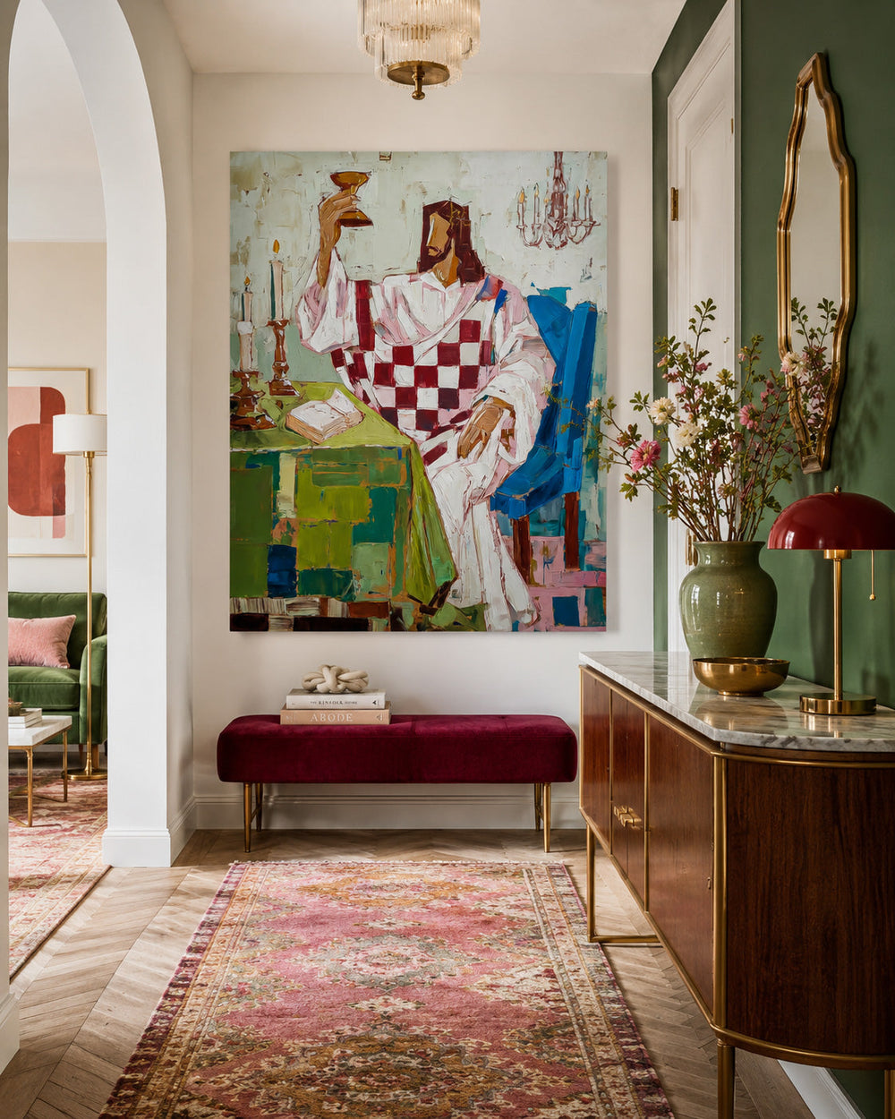 Original Hand Painted Canvas Art Featuring A Solemn Figure In Retro Colors For Unique Home Interior Design
