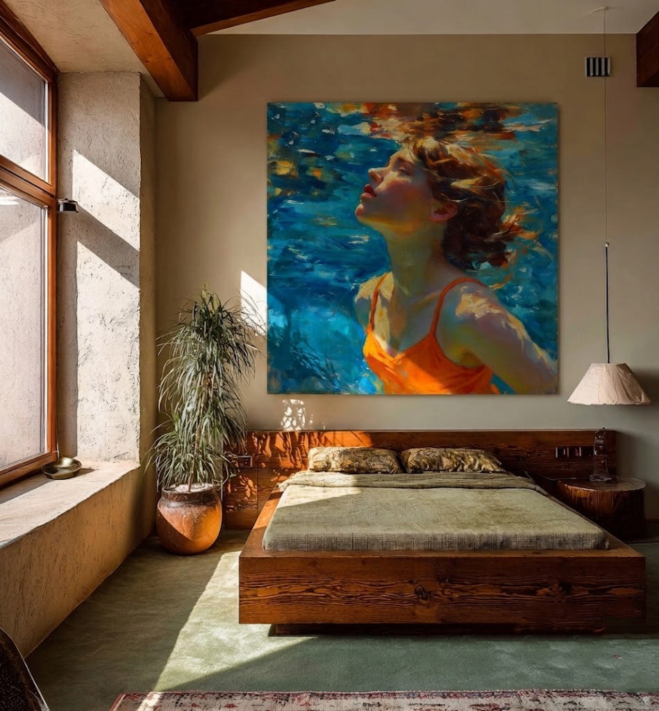Serene Woman Swimming In Blue Water Original Oil Painting For Modern Home Decor