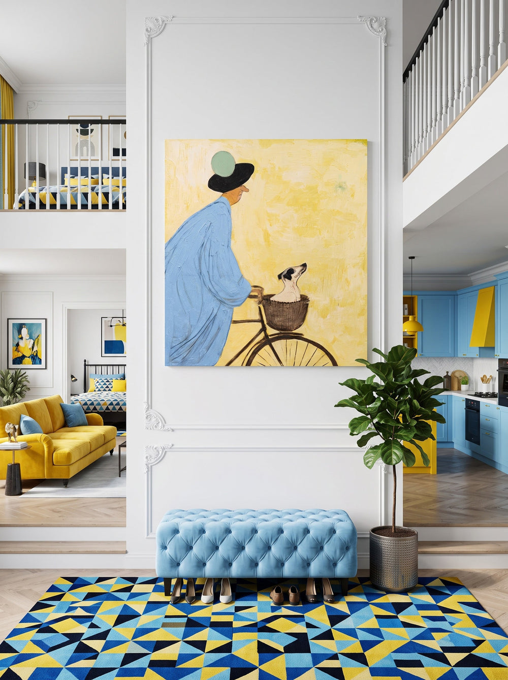Whimsical Blue And Yellow Dog Painting With Figure On Bike For Modern Home Decor