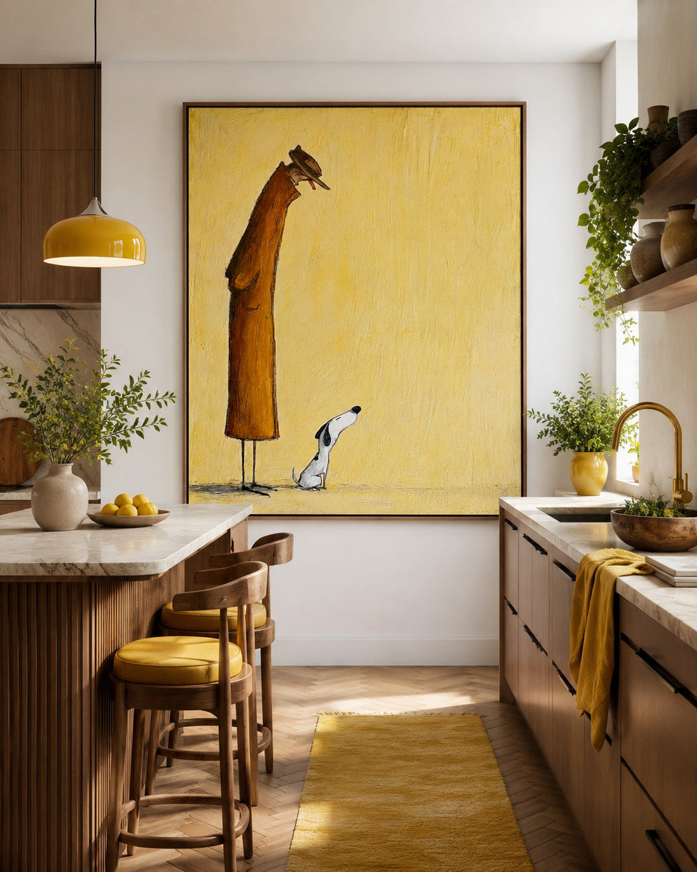 Modern Minimalist Figure Painting With Dog Beige Abstract Canvas Art Print