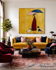 Whimsical Lady With Dogs Under Umbrellas Square Canvas Art For Living Room Decor