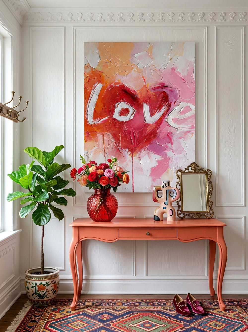 Pink And Red Abstract Love Painting With Textured Brushstrokes For Romantic Bedroom Decor