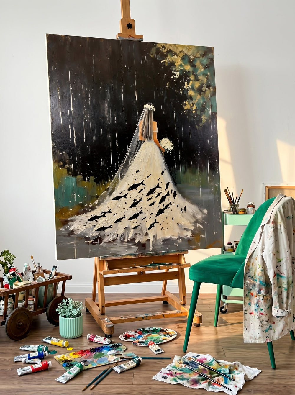 Surreal Bride Painting With Fish In Rain For Modern Home Decor