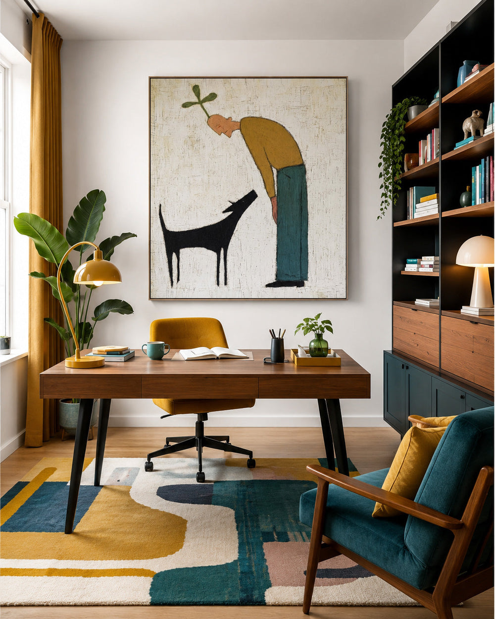 Whimsical Man And Dog Painting Minimalist Square Canvas Art For Modern Living Room Decor