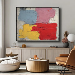 Handmade Textured Canvas Art With Geometric Shapes And Primary Colors For Home Office Decoration
