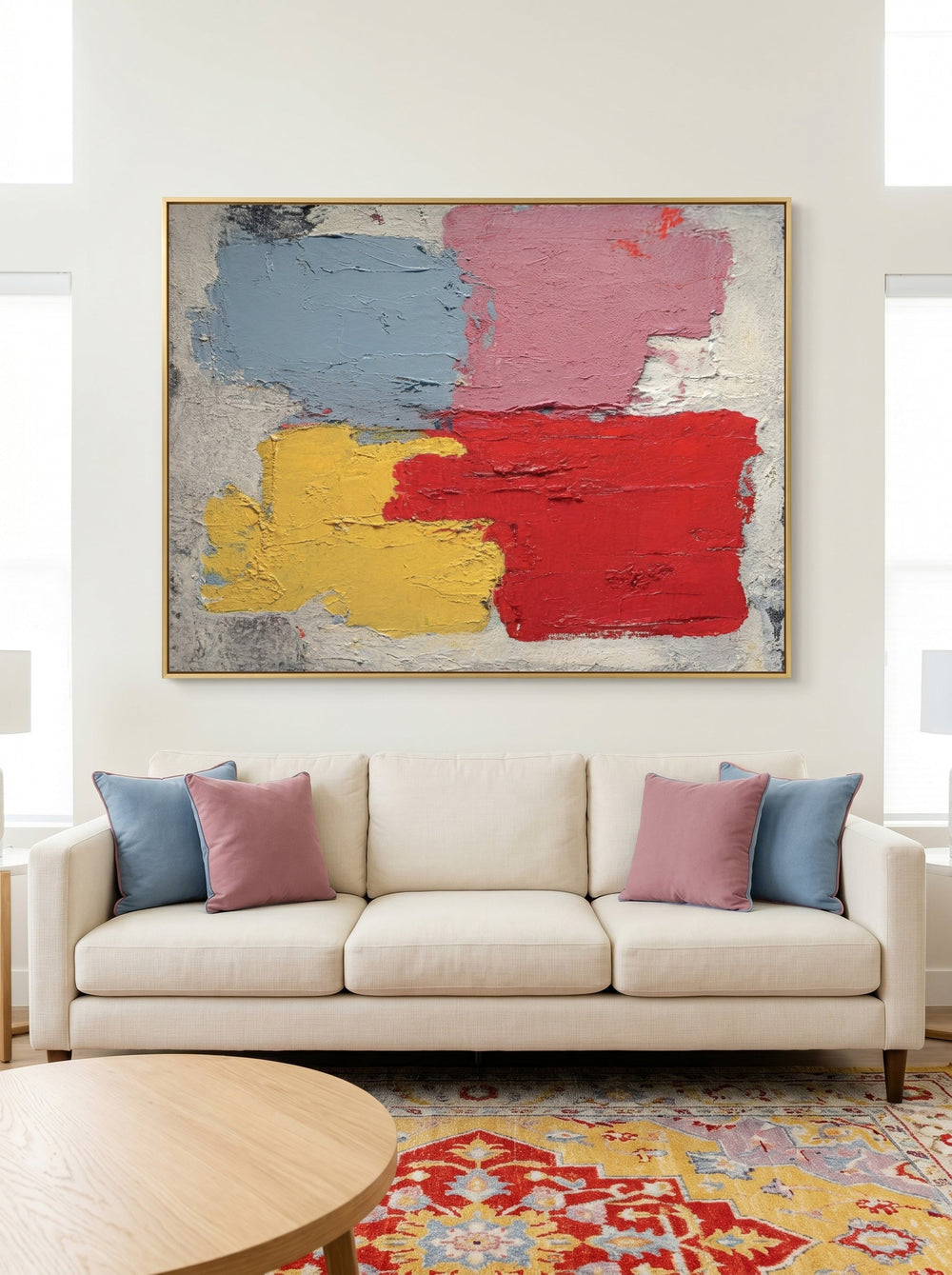 Handmade Textured Canvas Art With Geometric Shapes And Primary Colors For Home Office Decoration