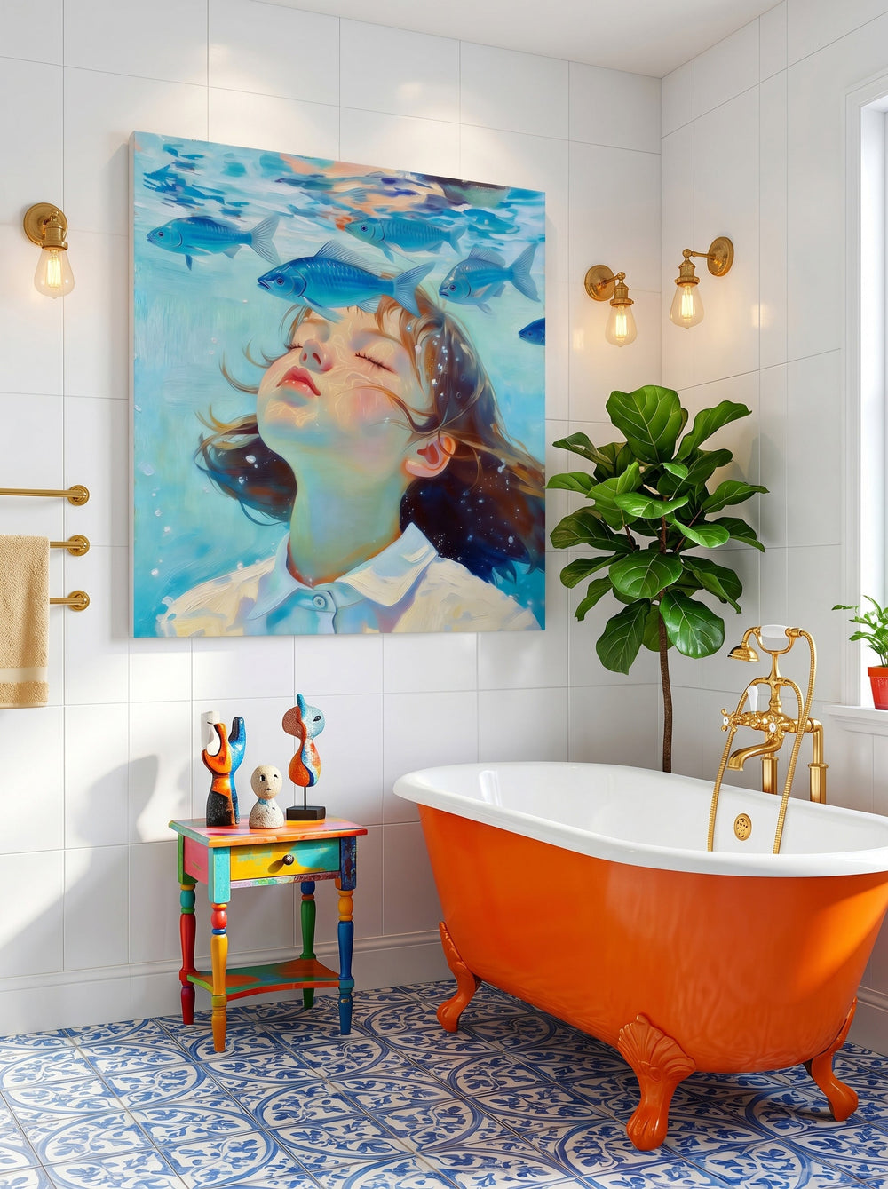Hand Painted Square Canvas Art Girl Swimming With Fish Contemporary Interior Design