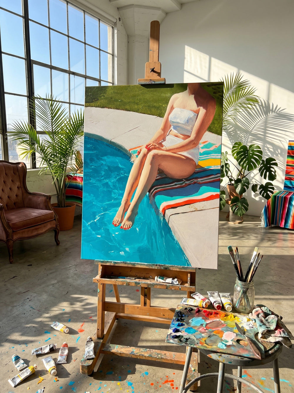 Poolside Figure Painting For Modern Home Decor With Vibrant Blue Tones