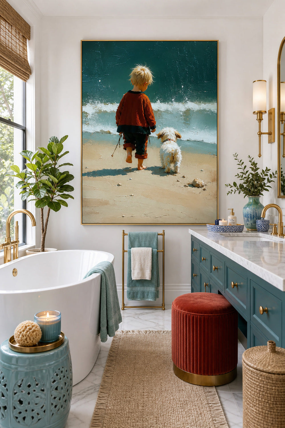 Impressionist Style Child And Dog Beach Painting Original Oil Art For Living Room Decor