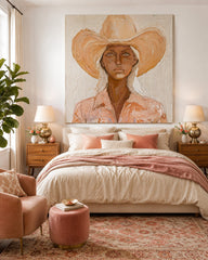 Organic Modern Square Canvas Art Featuring Female Figure In Cowboy Hat For Living Room Wall