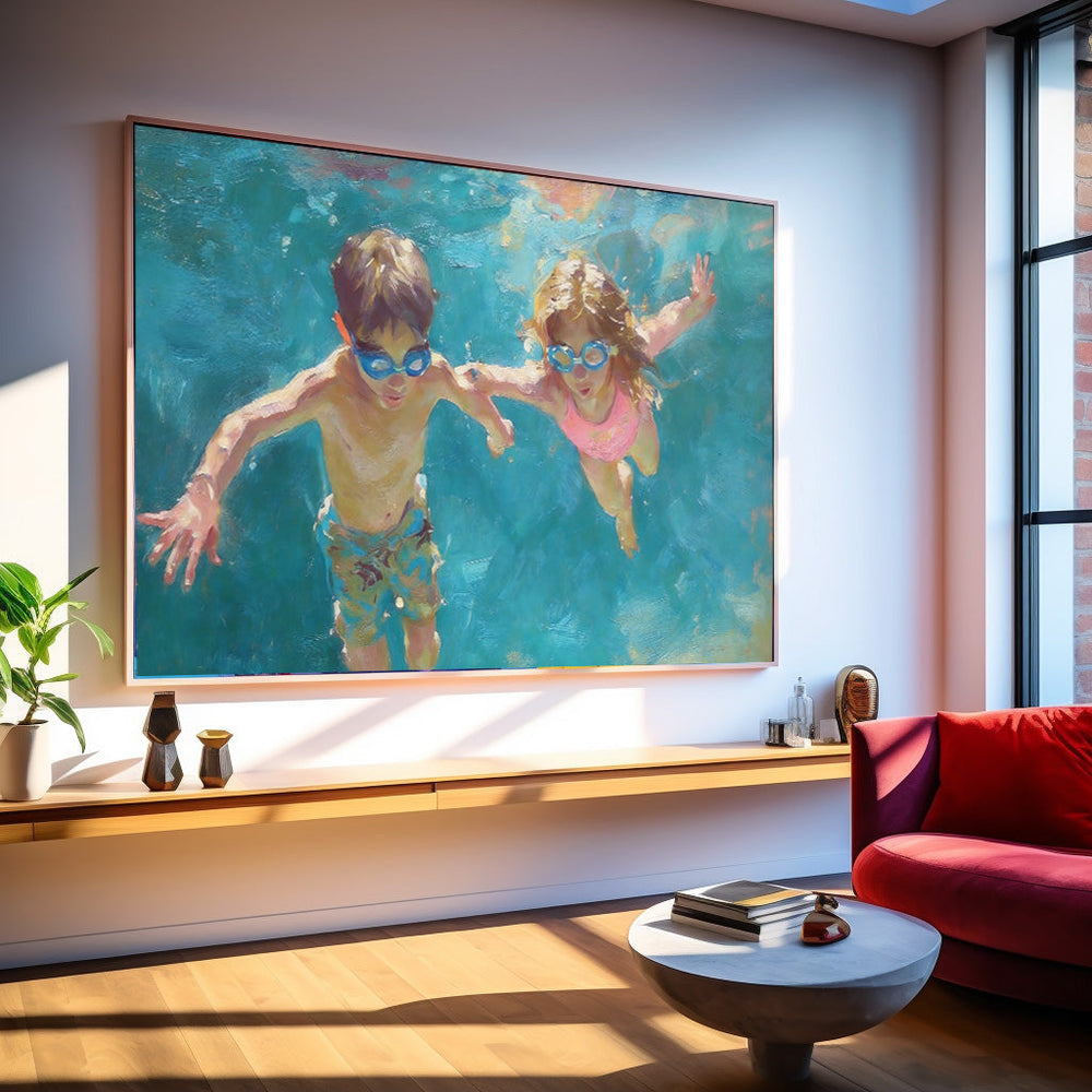 Charming Kids Swimming Oil Painting For Modern Family Home Decor Wall Art