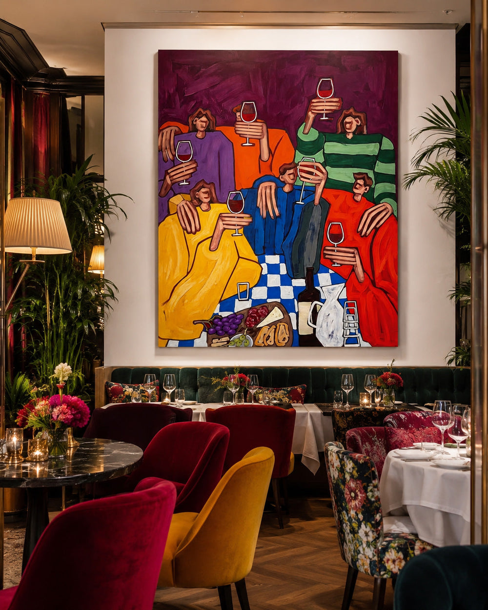 Colorful Group Portrait Artwork Depicting A Lively Dinner Party Scene