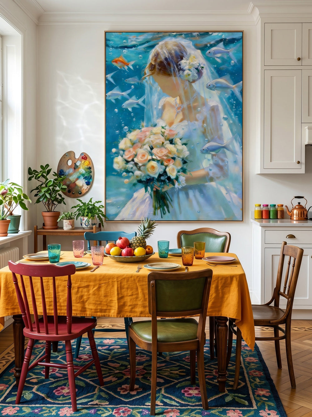 Unique Square Canvas Art Of Bride Underwater With Bouquet For Living Room Wall