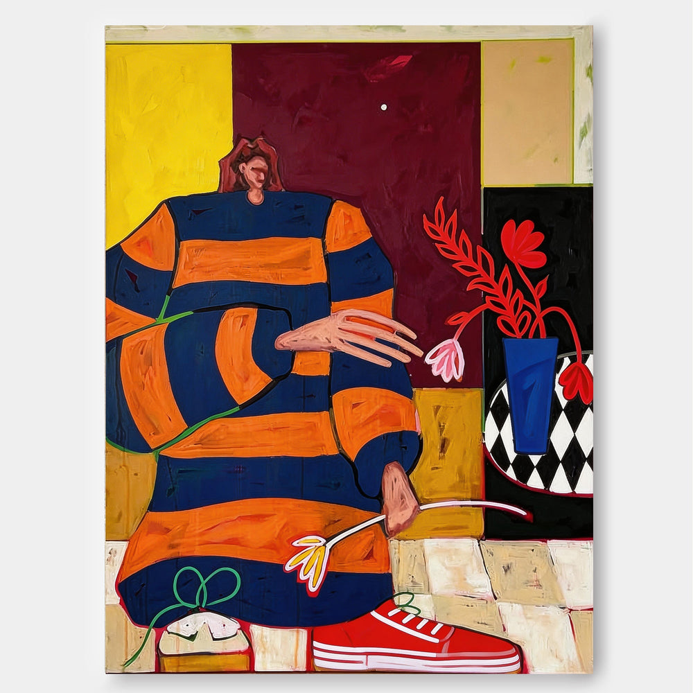 Quirky Modern Portrait Painting With Bold Colors For Living Room Wall Art Decor