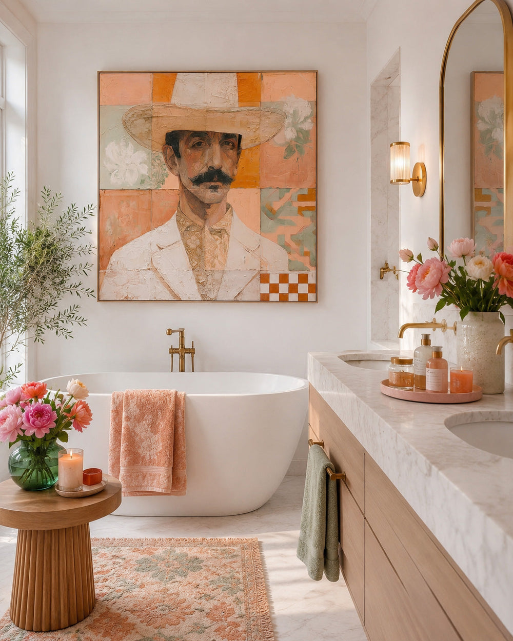 Square Format Portrait Artwork With Checkered And Floral Motifs For Wall Decoration