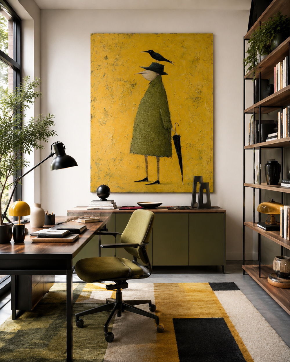 Original Figurative Art Of Man With Crow And Umbrella In Abstract Style For Unique Home Decoration