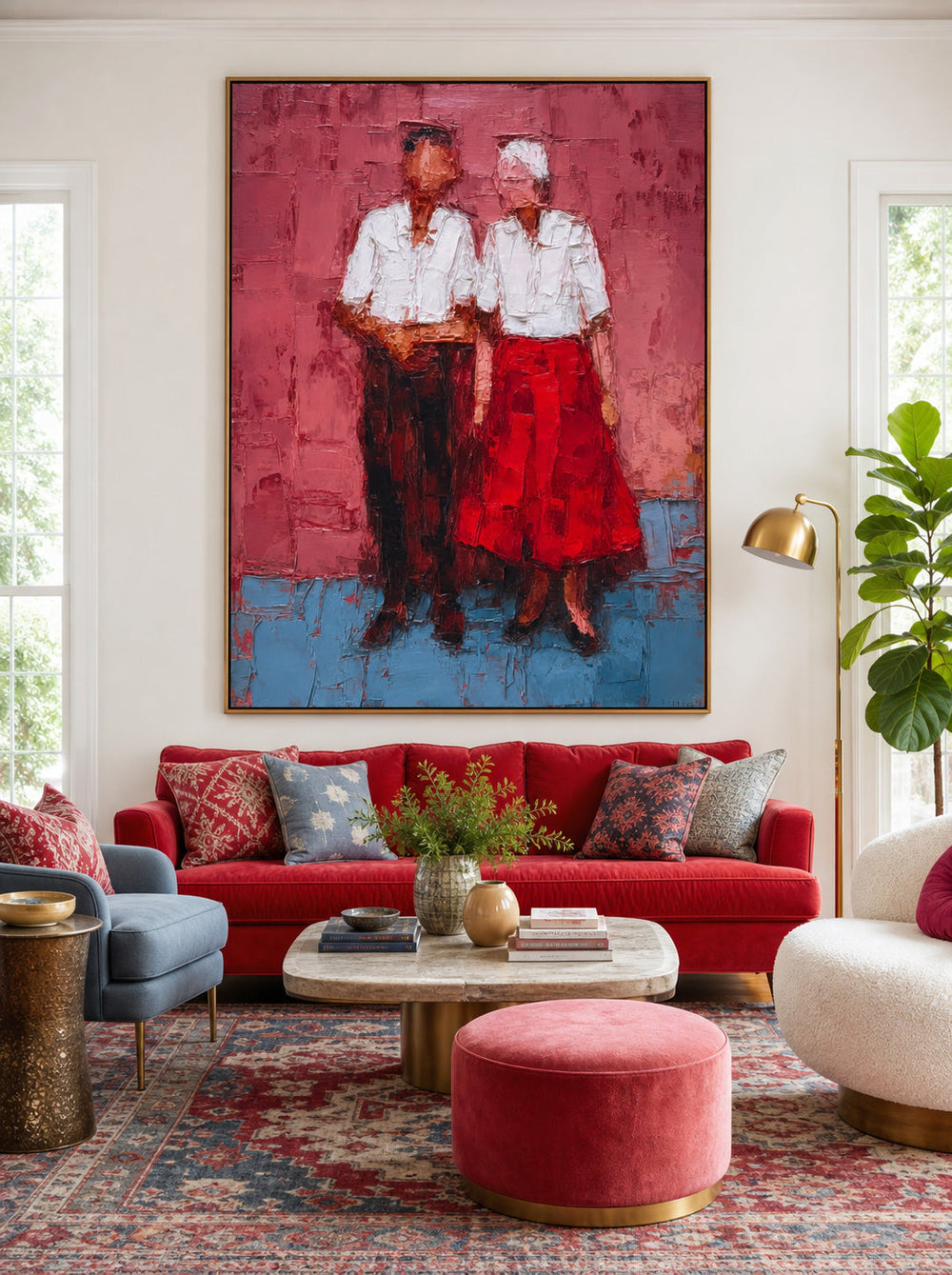 Elderly Couple Portrait Oil Painting Expressive Red And Blue Modern Art For Home