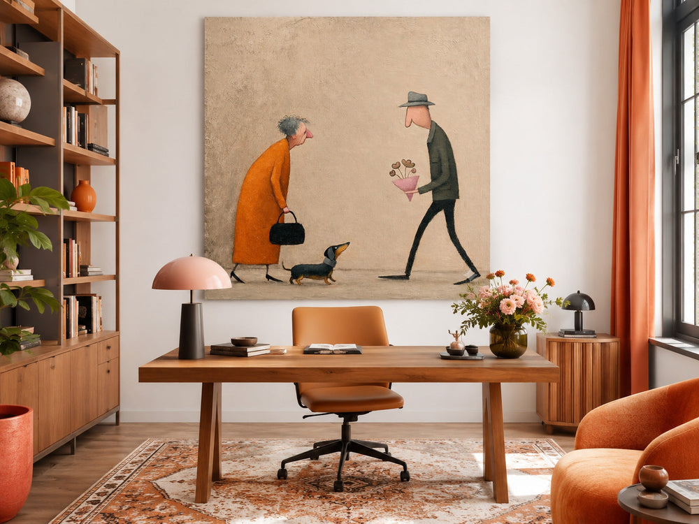 Whimsical Figurative Art Print Romantic Scene With Dachshund