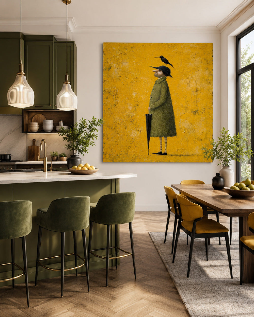 Quirky Character Art With Umbrella Minimalist Style Painting For Eclectic Interior