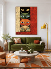 Retro Illustrative Cat Painting Textured Canvas Art With Bold Colors For Unique Wall Decor