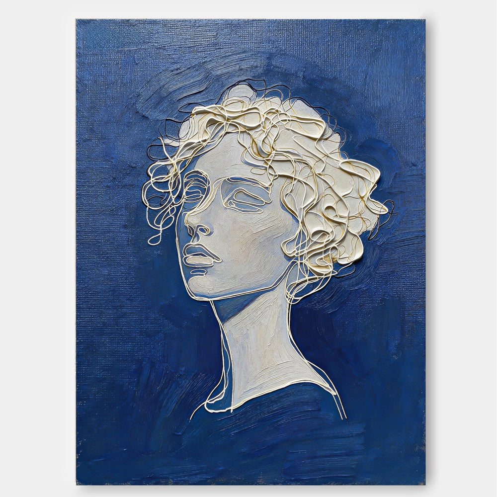Modern Blue And Gold Line Art Portrait Painting For Living Room Decor
