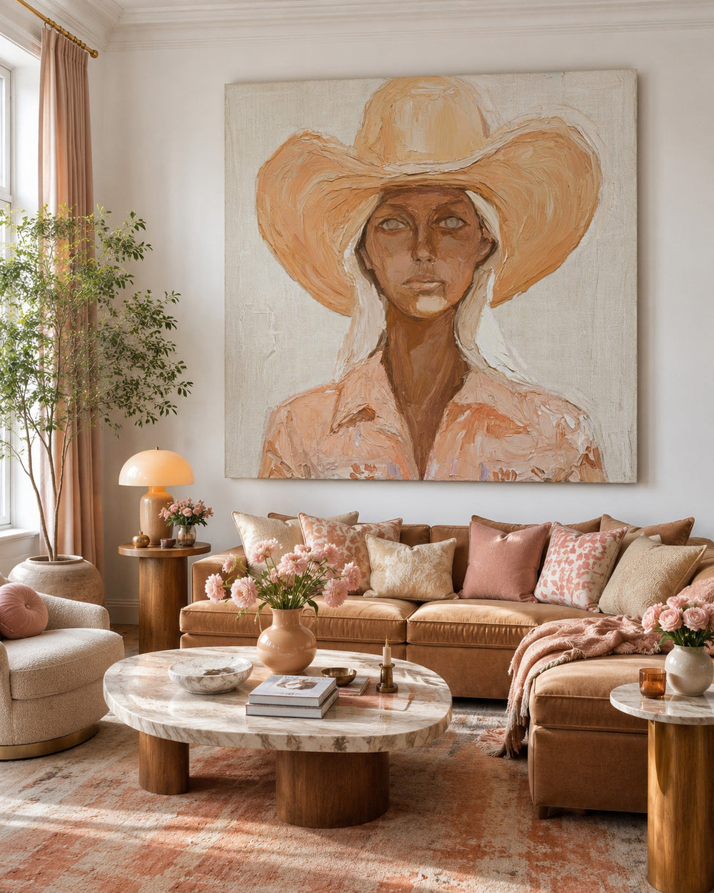 Organic Modern Square Canvas Art Featuring Female Figure In Cowboy Hat For Living Room Wall