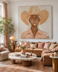 Organic Modern Square Canvas Art Featuring Female Figure In Cowboy Hat For Living Room Wall