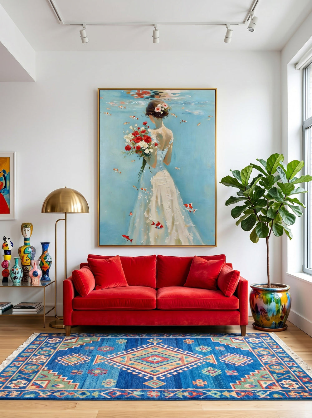 Underwater Bride Painting With Goldfish And Flowers For Romantic Home Decor
