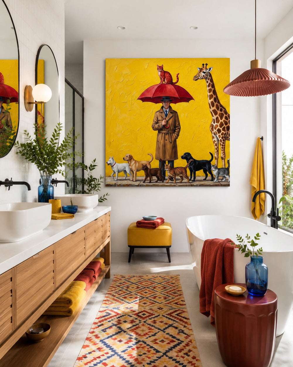 Surreal Man With Animals Painting Yellow Background Square Canvas Art For Living Room Decor