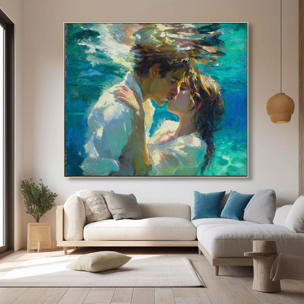 Romantic Underwater Couple Painting Original Oil Art For Master Bedroom Decor
