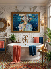 Expressive Oil Painting Of A Girl Submerged In Blue Water With Delicate Brushstrokes