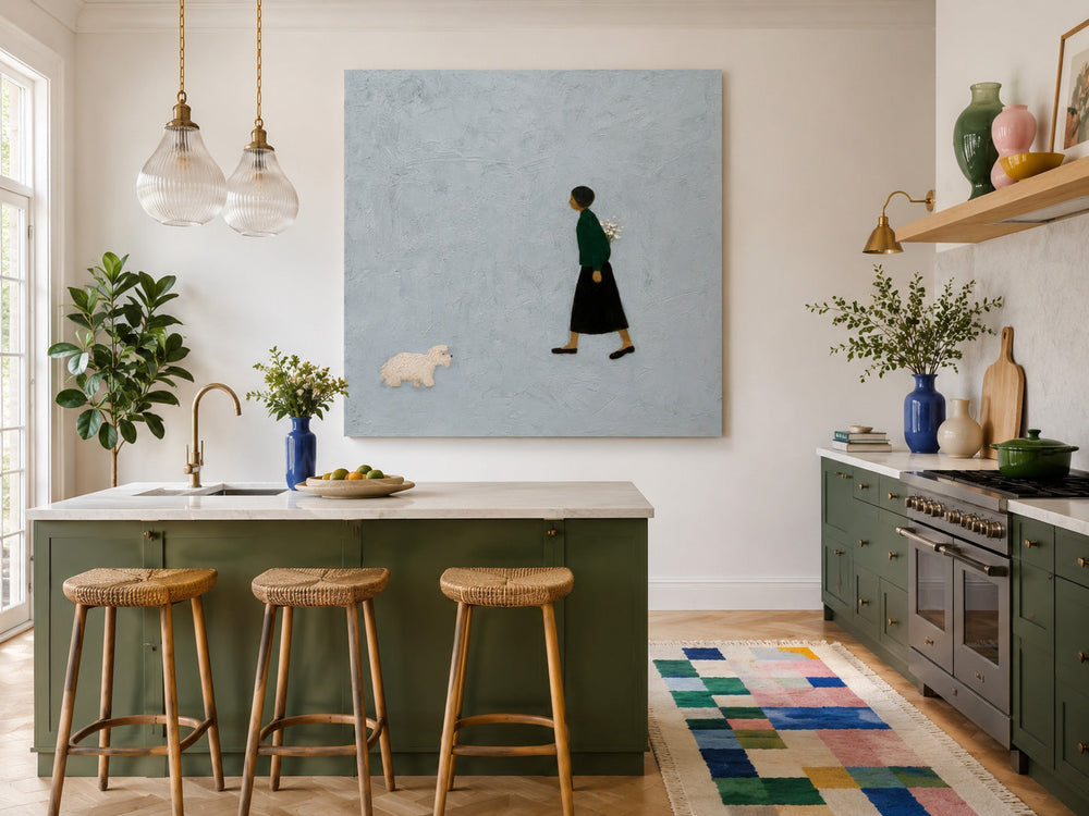 Minimalist Girl And Dog Painting Textured Grey Wall Art For Modern Home Decor