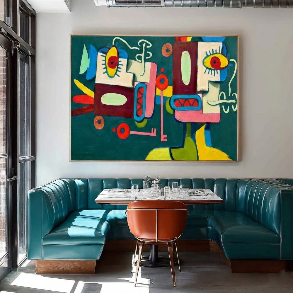 Quirky Abstract People Painting With Colorful Geometric Shapes For Modern Home Decor