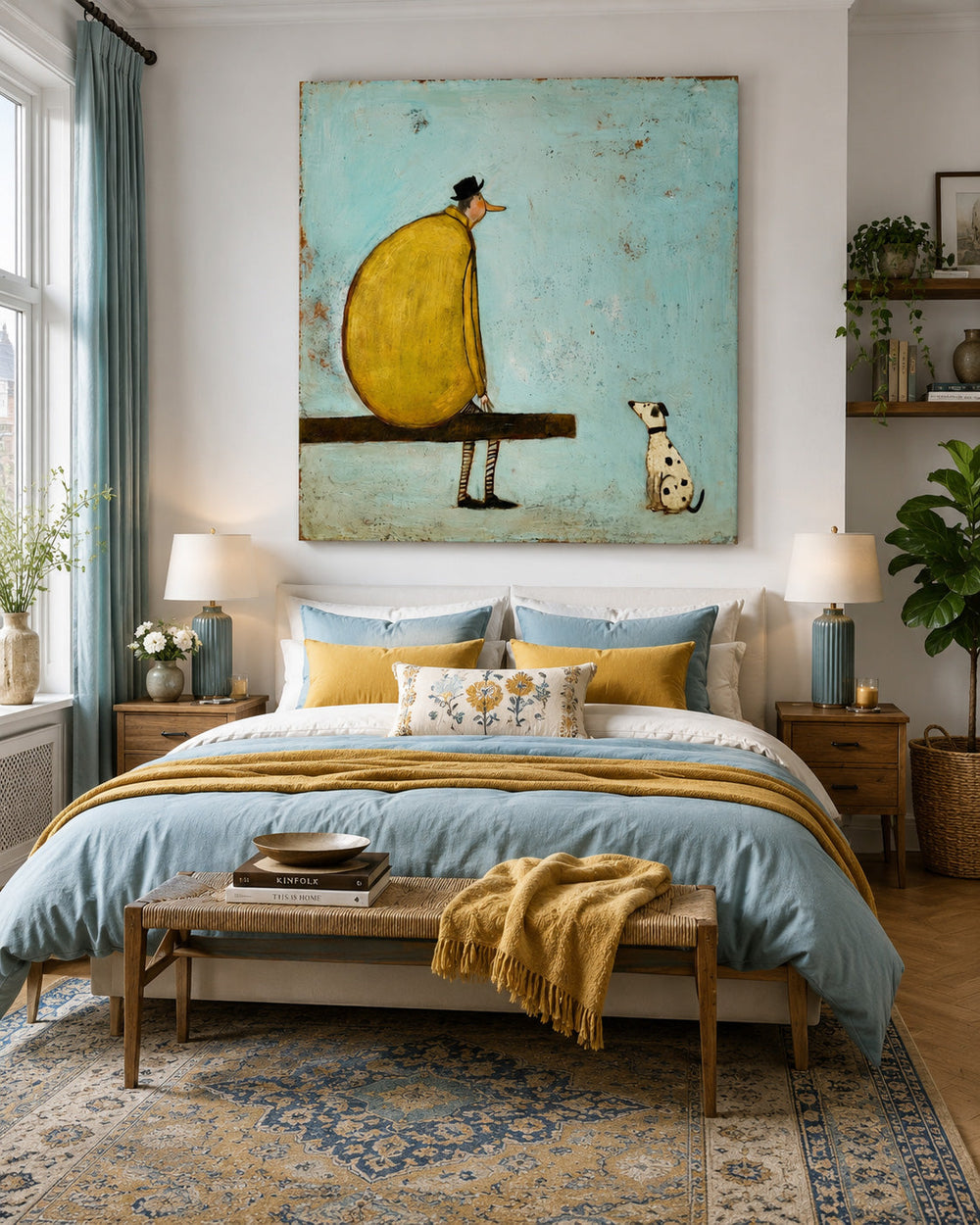 Retro Modern Square Art Print Featuring Stylized Figure And Pet In Yellow And Blue
