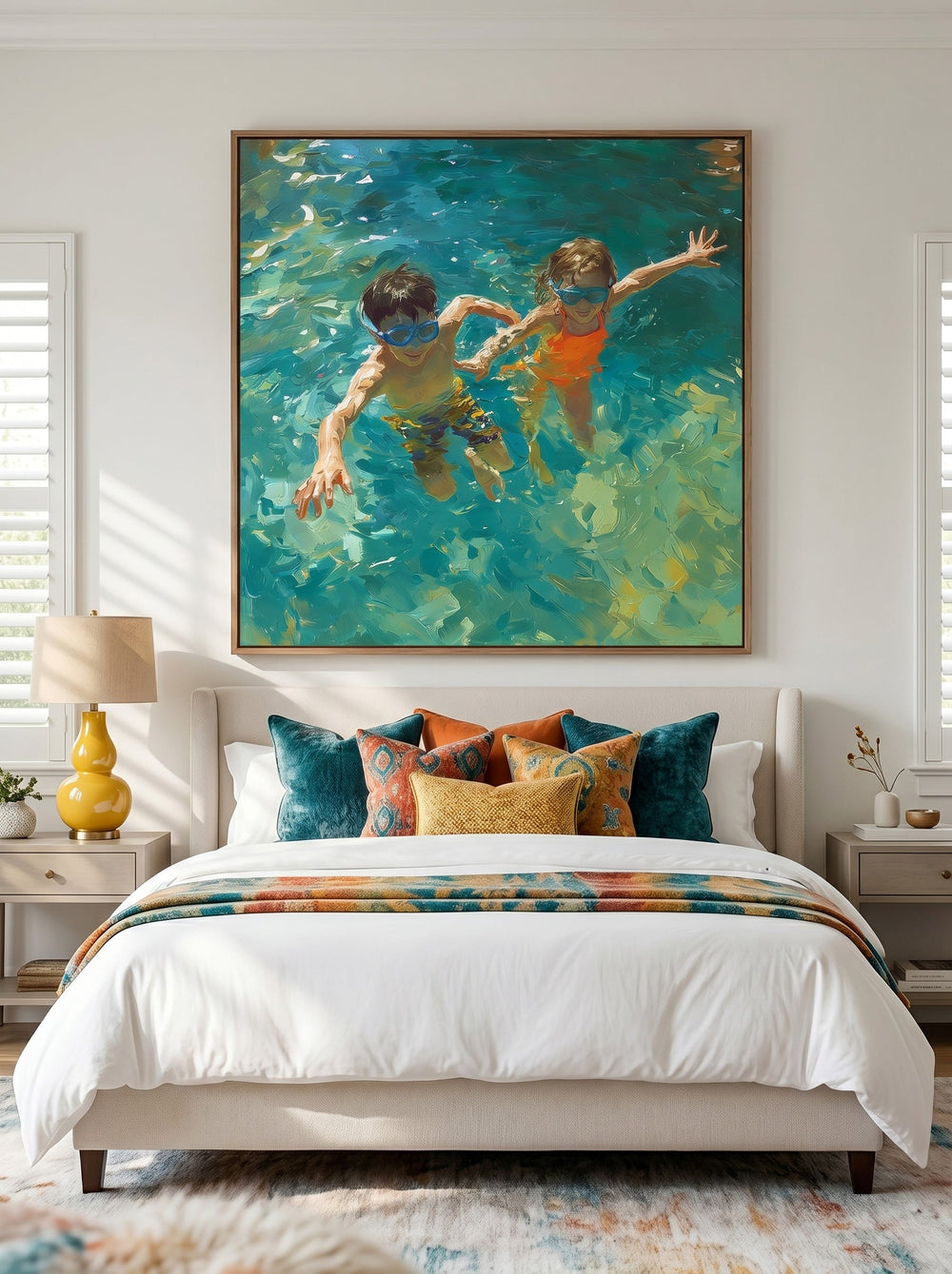 Vibrant Kids Swimming Oil Painting For Modern Family Living Room Decor
